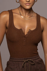Chocolate Buttoned Ribbed Tank - JLUXLABEL