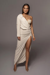 Natural Evita Linen Draped Dress - JLUXLABEL