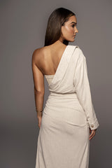 Natural Evita Linen Draped Dress - JLUXLABEL