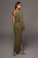 Olive Evita Linen Draped Dress - JLUXLABEL