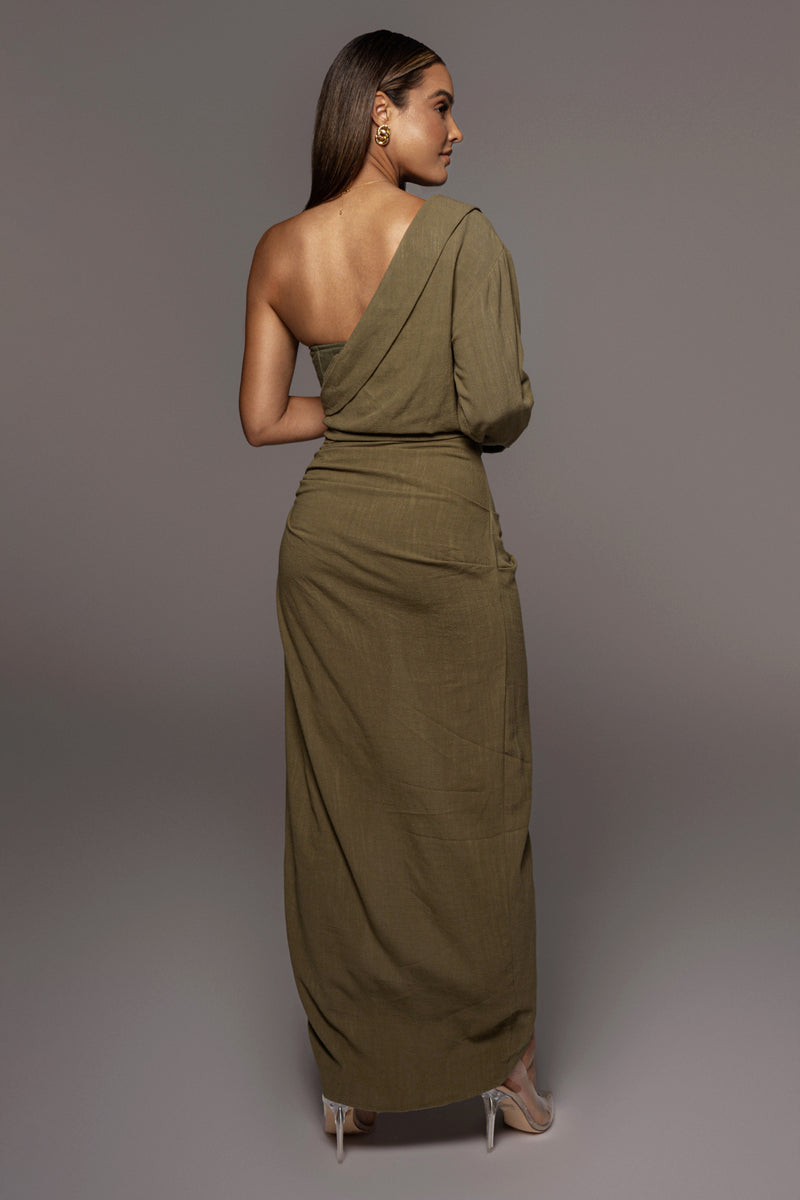 Olive Evita Linen Draped Dress - JLUXLABEL