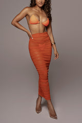 FRONT VIEW ORANGE MESH RUCHED COVER UP SKIRT