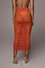 BACK VIEW CLOSE UP ORANGE MESH RUCHED COVER UP SKIRT