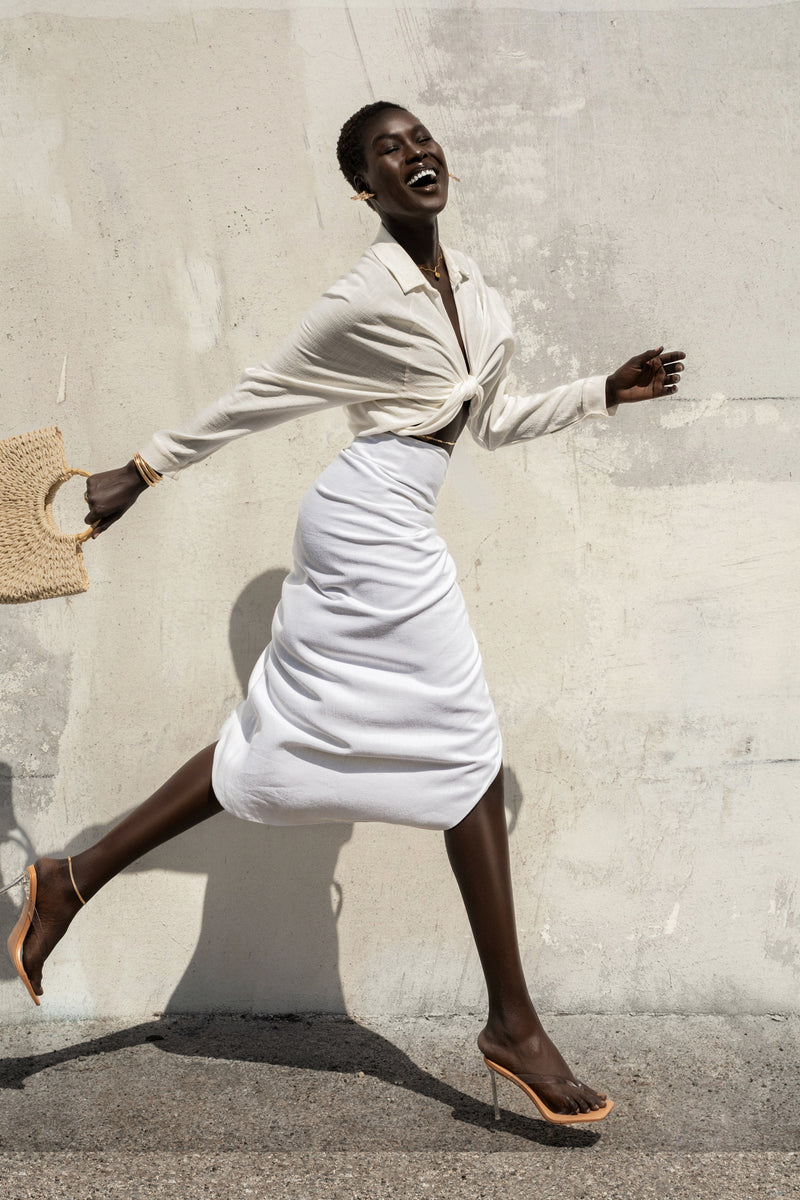 Ivory Spring Ruched Linen Skirt - JLUXLABEL