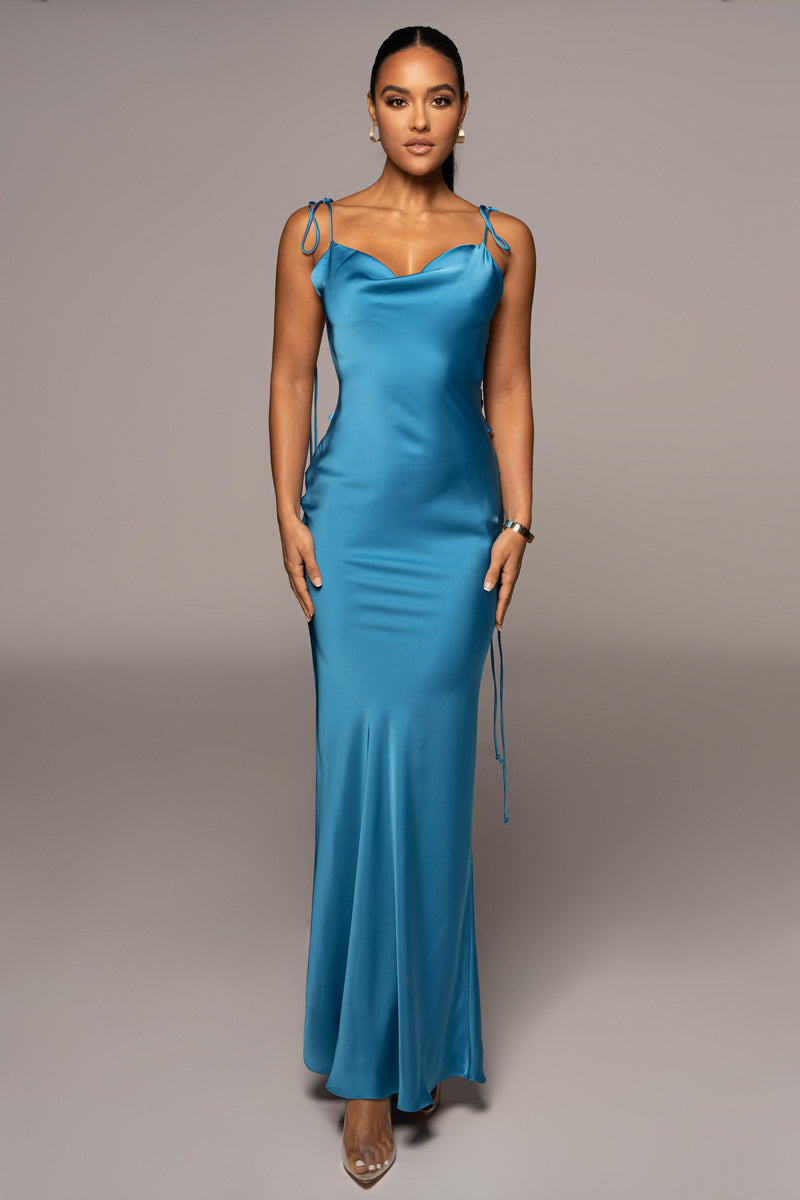 Blue Irresistible Satin Maxi Dress | JLUXLABEL