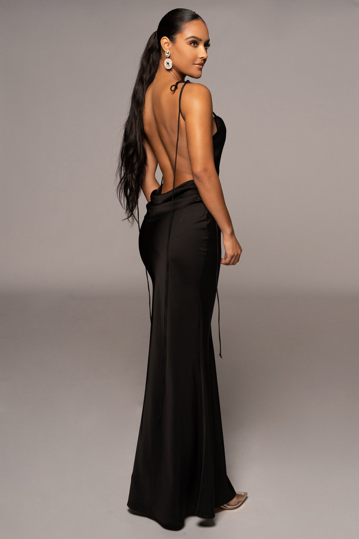 Black Tassel Fringe Satin Maxi Dress