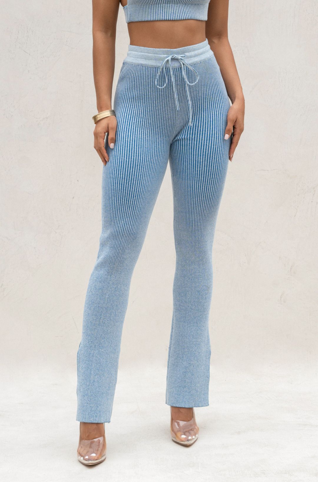 Denim/White Faya Ribbed Pants - JLUXLABEL